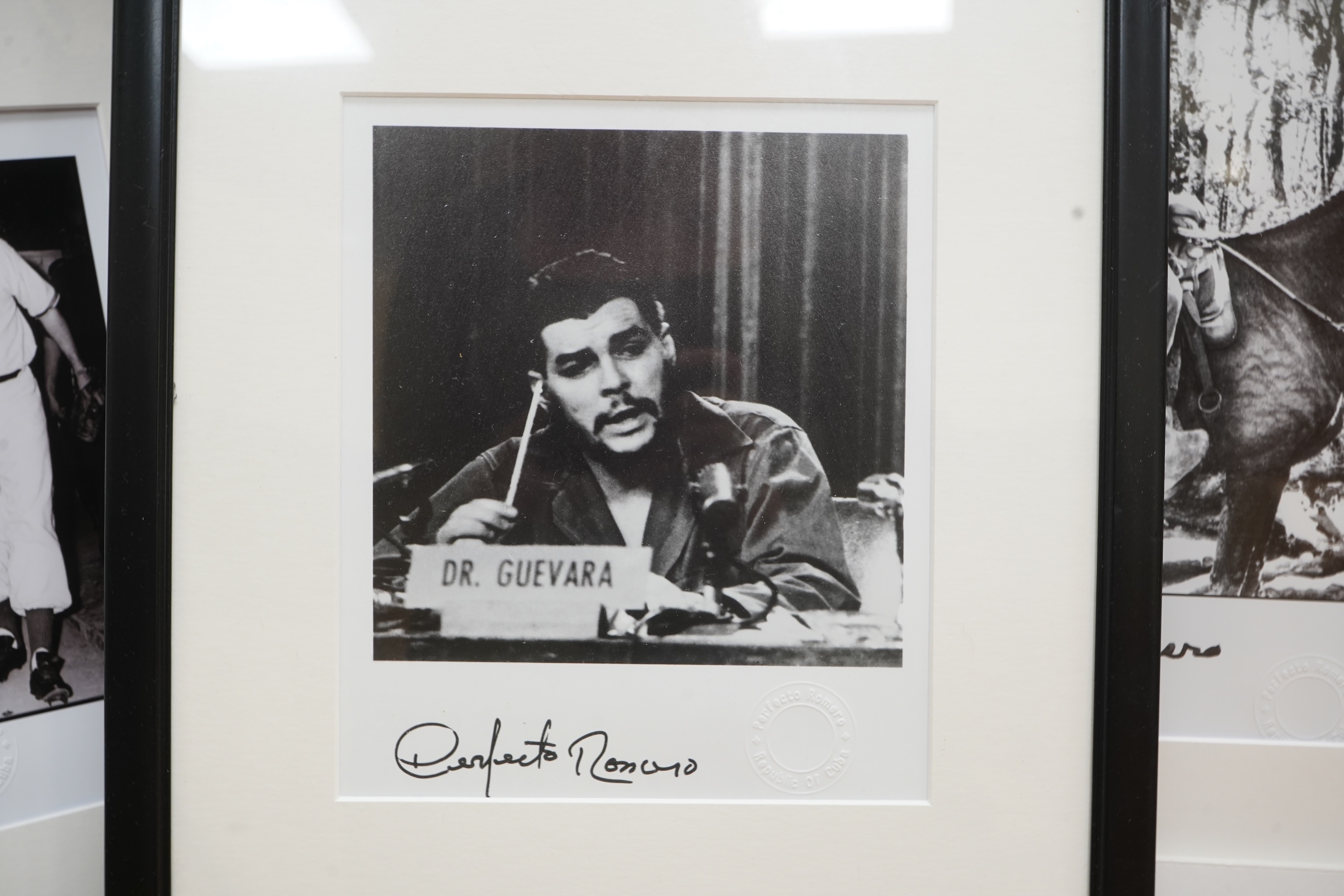 After Perfecto Romero (b.1936), three gelatin silver prints, Portraits of Che Guevara, stamped, two framed with facsimile signatures, largest 31 x 27cm